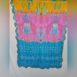 Bandhani dupatta with cut work border mirror embellishments